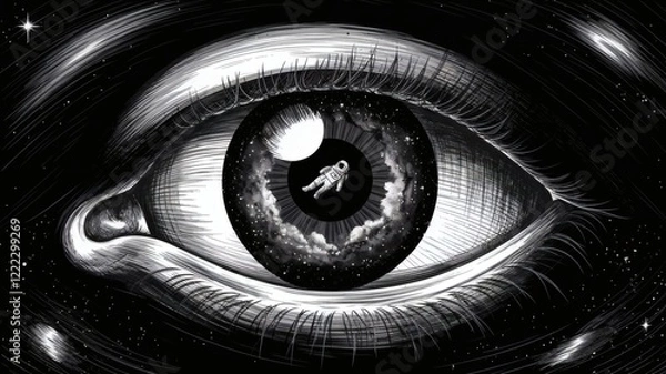 Fototapeta ~vision verse

A black-and-white close-up sketch of an eye with a surreal depiction of deep space in the pupil
A small astronaut