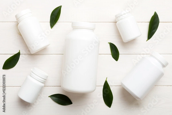 Fototapeta supplement pills with medicine bottle health care and medical top view. Vitamin tablets. Top view mockup bottle for pills and vitamins with green leaves, natural organic bio supplement, copy space