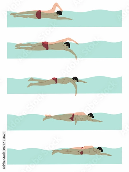 Fototapeta Vector illustration of swimming tutorial,man and girl doing swim,how do swim,swimming step for education,poster,learning,school and more