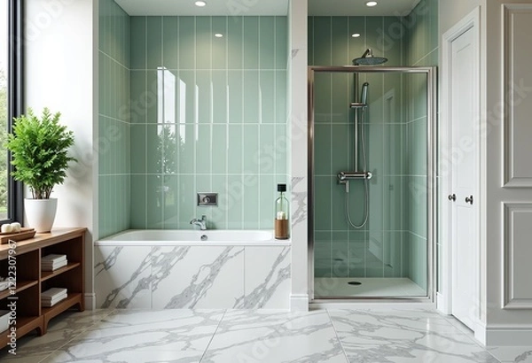 Fototapeta Elegant Bathroom Design, White Marble, Sage Green Tiles, Chrome Rainfall Shower, Open Wooden Shelves, Plants, Soaps, High Quality, Modern, Spa Aesthetic, Interior Decor.

