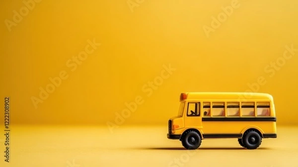Obraz Bright yellow toy school bus on a vivid yellow background, illustrating childhood memories and playful themes