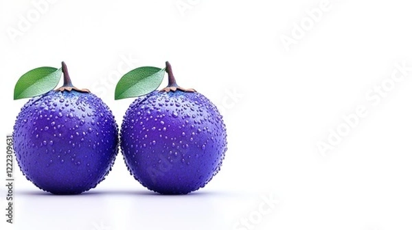 Obraz Fresh Purple Fruits with Water Droplets and Green Leaves Displayed