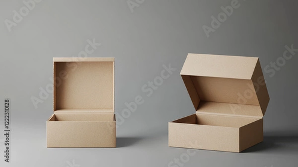 Fototapeta Brown cardboard box mockups set isolated on grey background. Vector realistic illustration of open and closed 3d carton packages for shoes, mail delivery, gift parcel packaging with blank surface