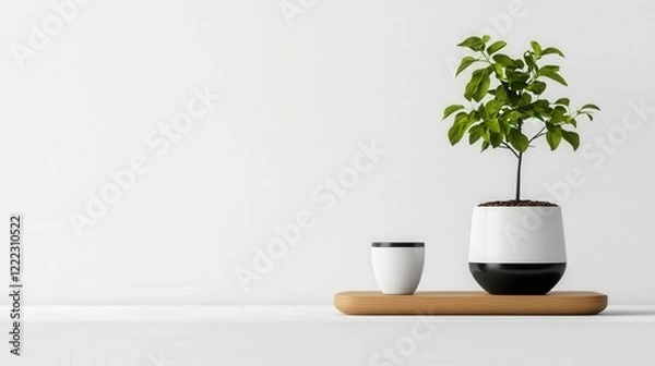 Fototapeta Modern Minimalist Indoor Plant Arrangement on Wooden Tray with White Background and Stylish Pot