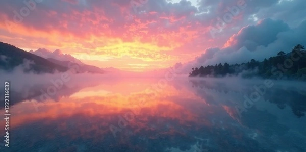 Fototapeta Clouds and mist above a saltwater lake at sunrise, misty, atmosphere, clouds