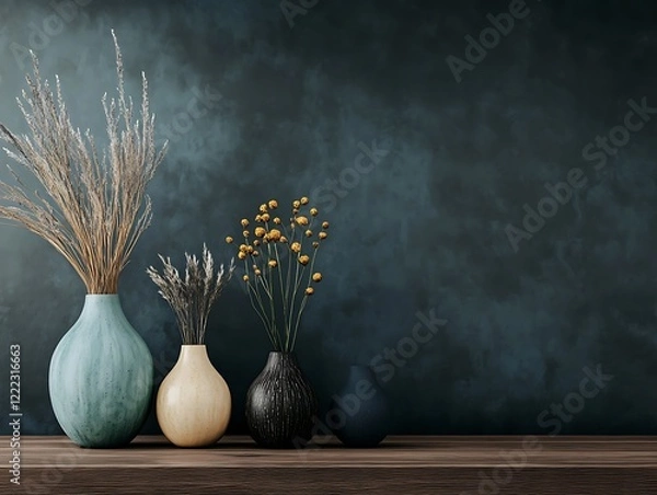 Fototapeta Contemporary Home Decor with Minimalist Vases on a Matte Black Wall, Wooden Flooring, and Natural Light, Perfect for Modern Interior Design Themes