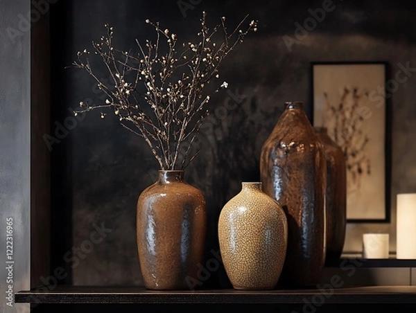 Fototapeta Contemporary Home Decor with Minimalist Vases on a Matte Black Wall, Wooden Flooring, and Natural Light, Perfect for Modern Interior Design Themes