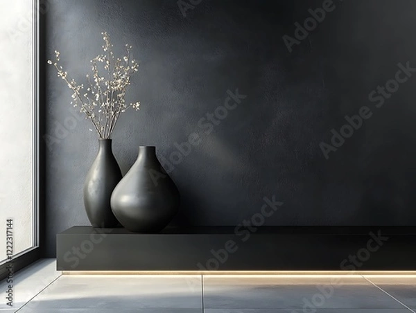 Fototapeta Contemporary Home Decor with Minimalist Vases on a Matte Black Wall, Wooden Flooring, and Natural Light, Perfect for Modern Interior Design Themes