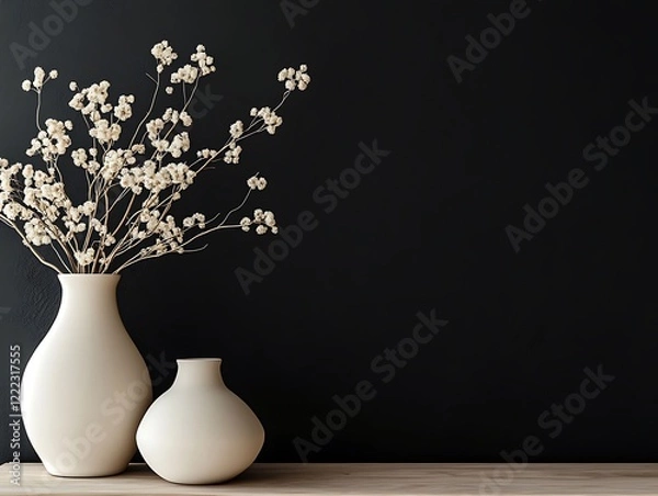 Fototapeta Contemporary Home Decor with Minimalist Vases on a Matte Black Wall, Wooden Flooring, and Natural Light, Perfect for Modern Interior Design Themes