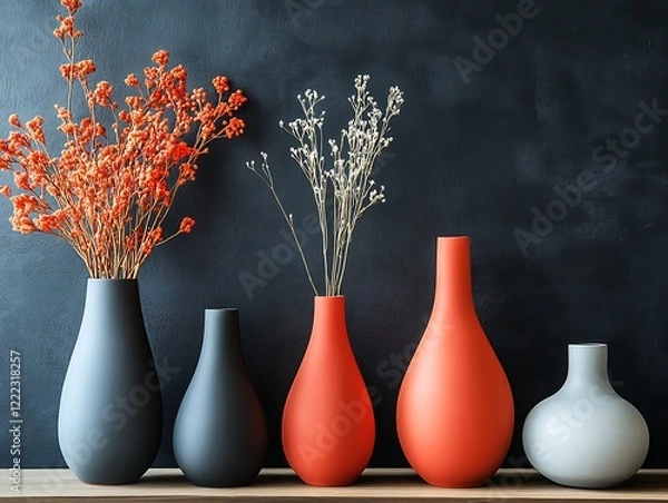 Fototapeta Contemporary Home Decor with Minimalist Vases on a Matte Black Wall, Wooden Flooring, and Natural Light, Perfect for Modern Interior Design Themes