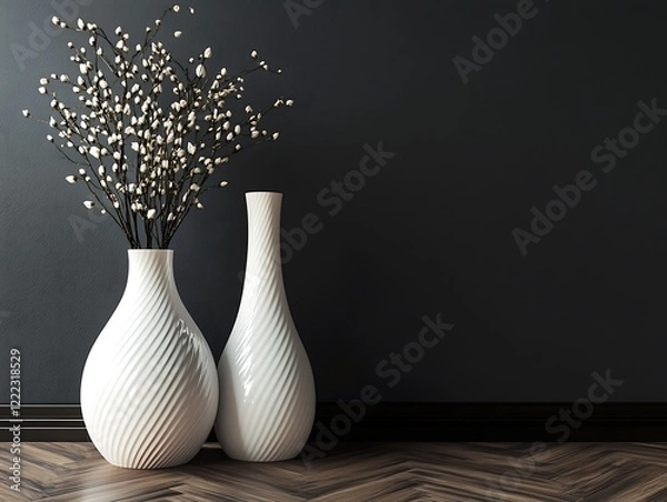 Fototapeta Contemporary Home Decor with Minimalist Vases on a Matte Black Wall, Wooden Flooring, and Natural Light, Perfect for Modern Interior Design Themes