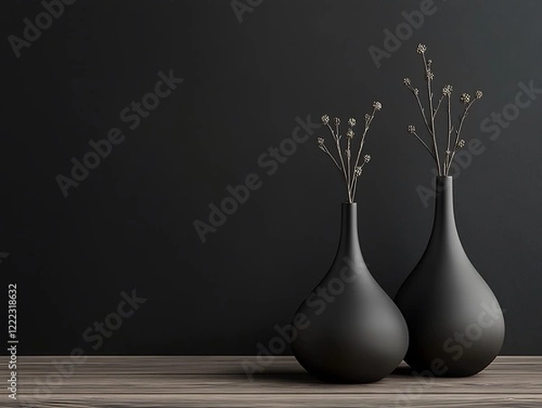 Fototapeta Contemporary Home Decor with Minimalist Vases on a Matte Black Wall, Wooden Flooring, and Natural Light, Perfect for Modern Interior Design Themes