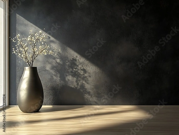 Obraz Contemporary Home Decor with Minimalist Vases on a Matte Black Wall, Wooden Flooring, and Natural Light, Perfect for Modern Interior Design Themes