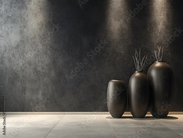 Fototapeta Contemporary Home Decor with Minimalist Vases on a Matte Black Wall, Wooden Flooring, and Natural Light, Perfect for Modern Interior Design Themes