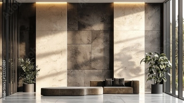 Fototapeta A bold modern interior featuring raw concrete walls and polished concrete flooring, accented with earthy tones like taupe and muted sand.