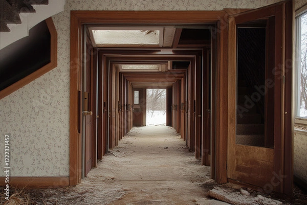 Fototapeta Unique house structure featuring numerous doors leading into an unseen void in a highly detailed setting