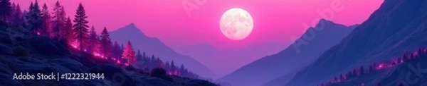 Fototapeta Pink moonlit mountainside with glowing trees and futuristic terrain, glow, terrain