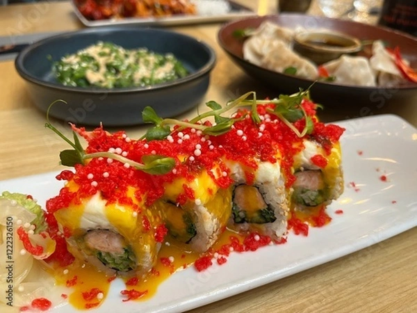 Obraz Japanese restaurant table with Red Dragon Sushi, seaweed salad, dumplings. Sushi with salmon, panko tiger prawns, cucumber, unagi sauce, mayonnaise, sesame seeds