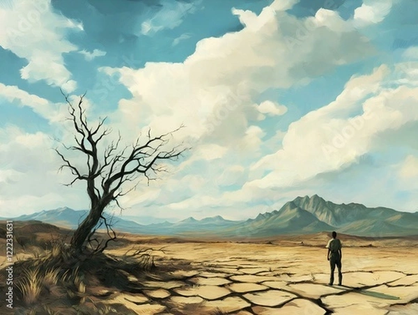 Fototapeta lone figure in a desolate landscape, barren land, single tree, dramatic sky