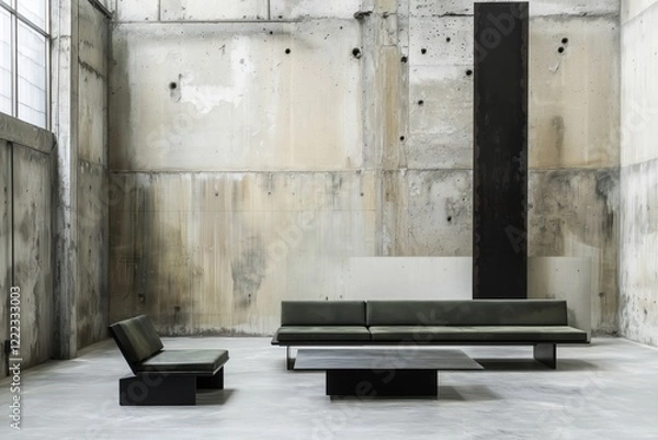 Fototapeta Generative AI, Modern Industrial Minimalist Living Room with Olive Green and Black Accents