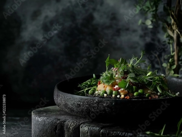 Fototapeta dark moody food photography, vegetables in a dark pan, steam rising, rustic kitchen setting