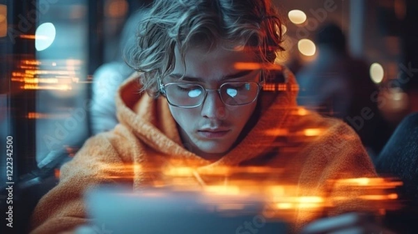 Fototapeta Young caucasian male in glasses using tablet with abstract light effects