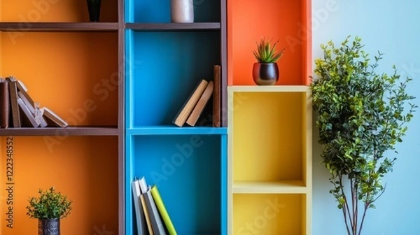 Fototapeta Colorful modern bookshelf with plants and decor items