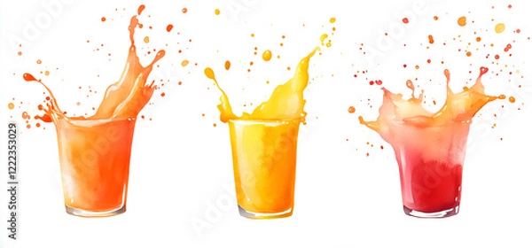 Fototapeta Set of three isolated splash shapes with orange, red, and pink liquid on a white background.