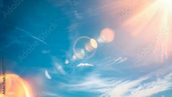 Obraz 眩い太陽を反射し 夏の青空に映り込むレンズフレアの光の効果、コピースペースあり