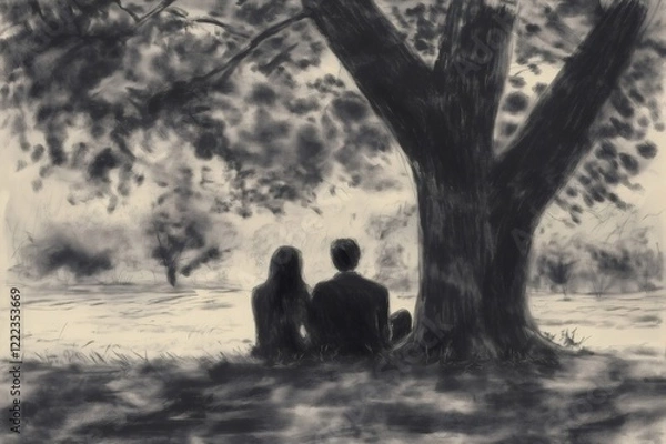 Fototapeta Charcoal drawing representing a couple sitting under a large tree, contemplating the landscape in front of them
