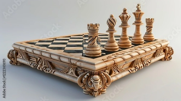 Fototapeta A unique chessboard, unique chess pieces. We contribute to a better gaming experience. Black and white chessboard. AI generated image
