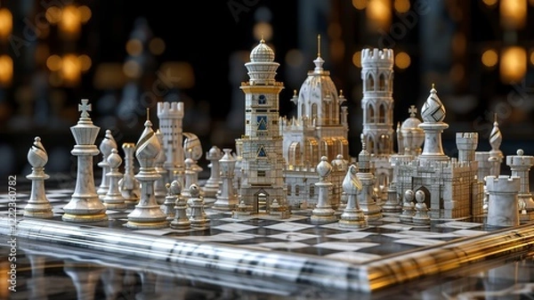 Fototapeta A unique chessboard, unique chess pieces. We contribute to a better gaming experience. Black and white chessboard. AI generated image