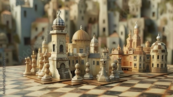Fototapeta A unique chessboard, unique chess pieces. We contribute to a better gaming experience. Black and white chessboard. AI generated image