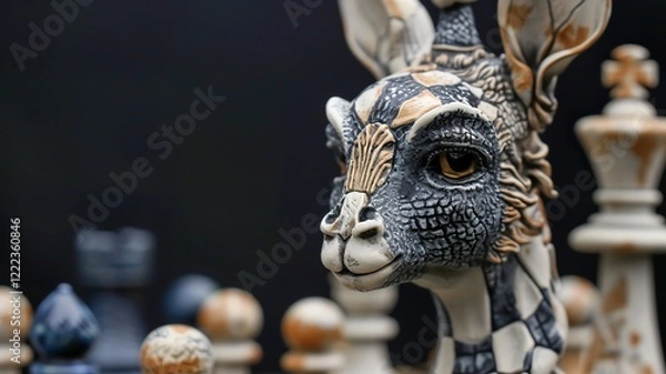 Fototapeta A unique chessboard, unique chess pieces. We contribute to a better gaming experience. Black and white chessboard. AI generated image