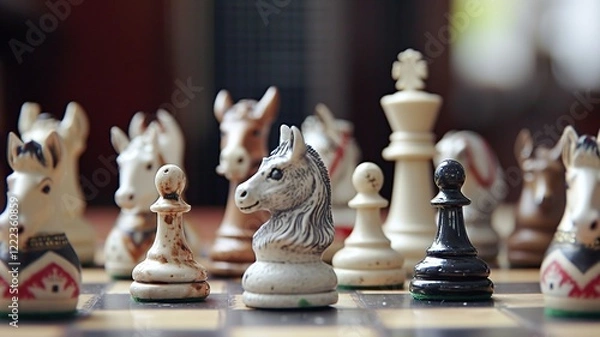 Fototapeta A unique chessboard, unique chess pieces. We contribute to a better gaming experience. Black and white chessboard. AI generated image