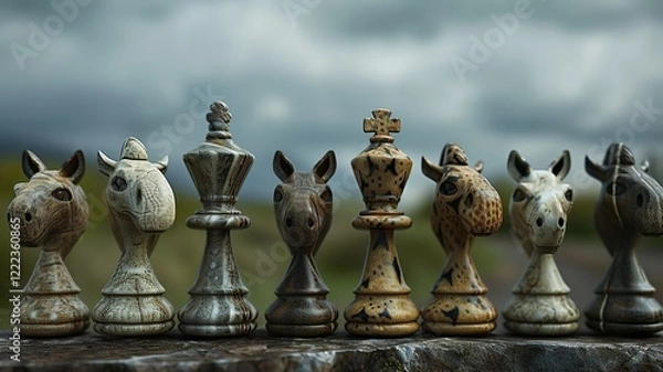 Fototapeta A unique chessboard, unique chess pieces. We contribute to a better gaming experience. Black and white chessboard. AI generated image