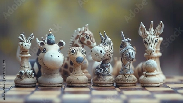 Fototapeta A unique chessboard, unique chess pieces. We contribute to a better gaming experience. Black and white chessboard. AI generated image