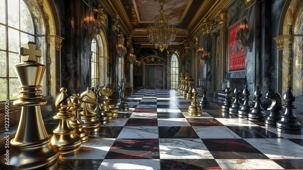 Fototapeta A unique chessboard, unique chess pieces. We contribute to a better gaming experience. Black and white chessboard. AI generated image
