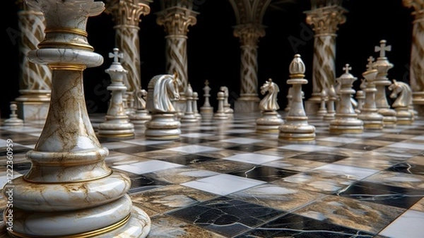 Fototapeta A unique chessboard, unique chess pieces. We contribute to a better gaming experience. Black and white chessboard. AI generated image