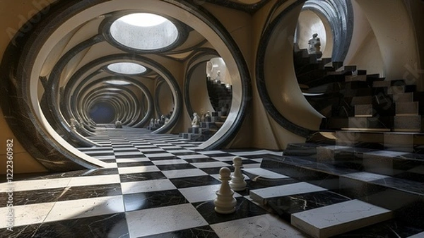 Fototapeta A unique chessboard, unique chess pieces. We contribute to a better gaming experience. Black and white chessboard. AI generated image
