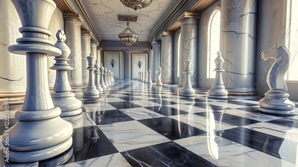 Fototapeta A unique chessboard, unique chess pieces. We contribute to a better gaming experience. Black and white chessboard. AI generated image