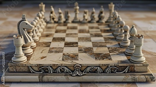 Fototapeta A unique chessboard, unique chess pieces. We contribute to a better gaming experience. Black and white chessboard. AI generated image