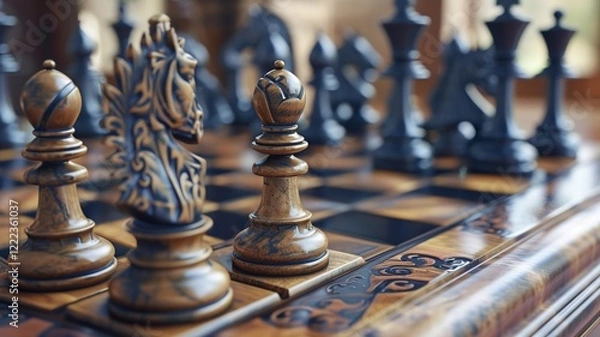 Fototapeta A unique chessboard, unique chess pieces. We contribute to a better gaming experience. Black and white chessboard. AI generated image