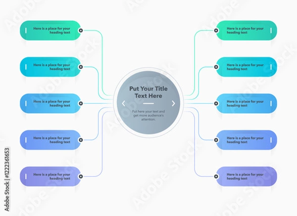 Fototapeta Flowchart infographic with central circle and ten colorful options. SImple flat chart design with thin lines for website or data presentation.