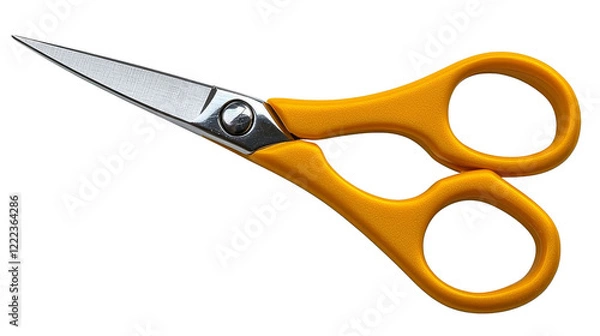 Fototapeta A pair of yellow-handled scissors against a white background, ideal for arts and crafts projects.