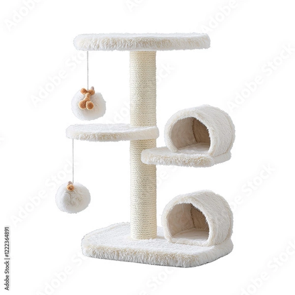 Fototapeta Cat tree with multiple levels, cozy hiding spots, and dangling toys for playful feline adventures.
