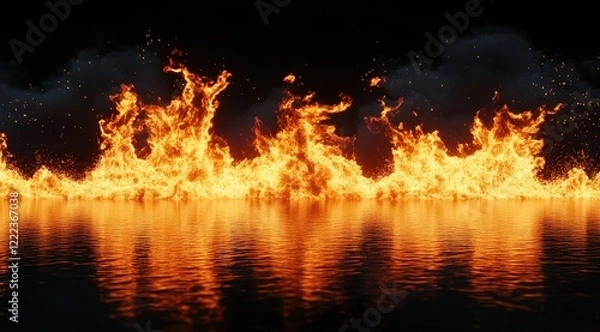 Fototapeta Intense Flames Reflecting on Water Surface at Night in Dramatic Scene