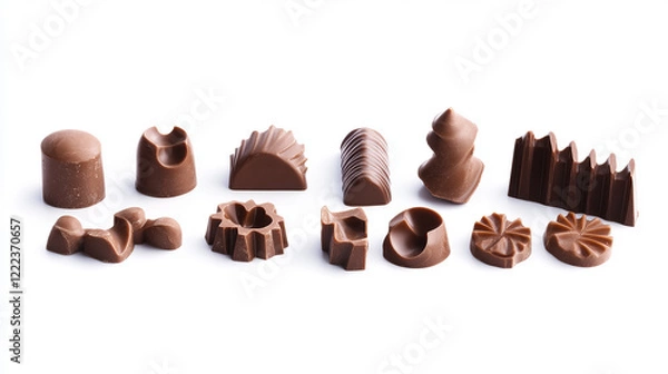 Fototapeta Chocolate curls, shavings or pieces of sweet food isolated on white background. Cocoa production, cake decoration, brown delicious choco cuttings of bitter dessert Realistic 3d vector illustration