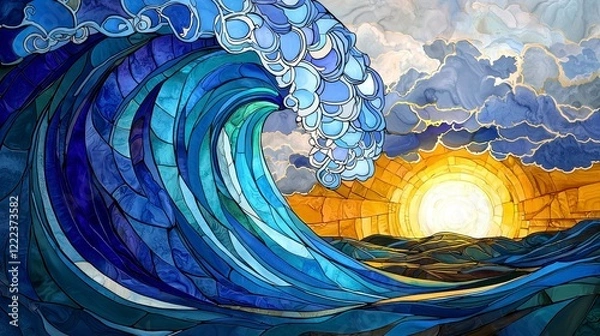 Obraz Vibrant Blue Wave with Golden Sun in Colorful Stained Glass Style