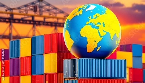 Fototapeta Connectivity in Commerce: Colorful Globe on a Cargo Container Backdrop